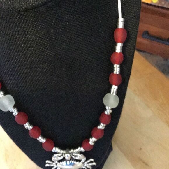 Necklace, Handmade Red & White Statement Necklace, NEW, 26", Artisan - Picture 3 of 6